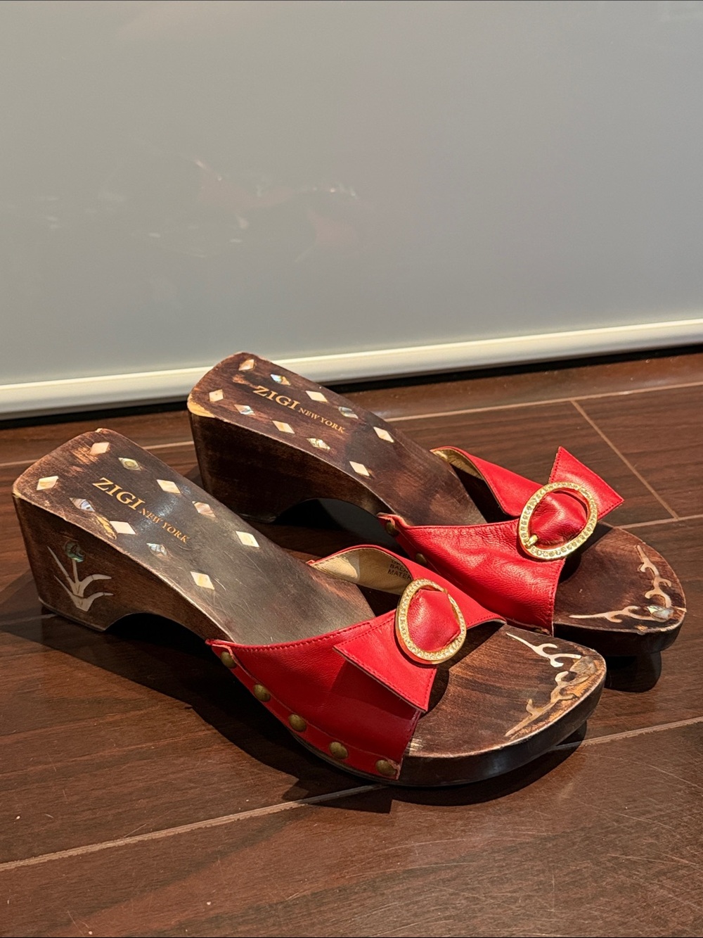 Zigi New York Red Leather Wedge Slide Sandals with Gold Buckle